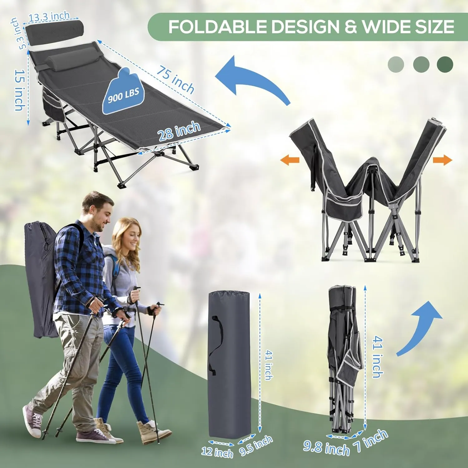 Wide Folding Camping Cots with Pillow & Extra Thick Matress, Cots for Sleeping 900 LBS, Camping Bed for Adults with Cushion, Sleeping Cot (Grey)