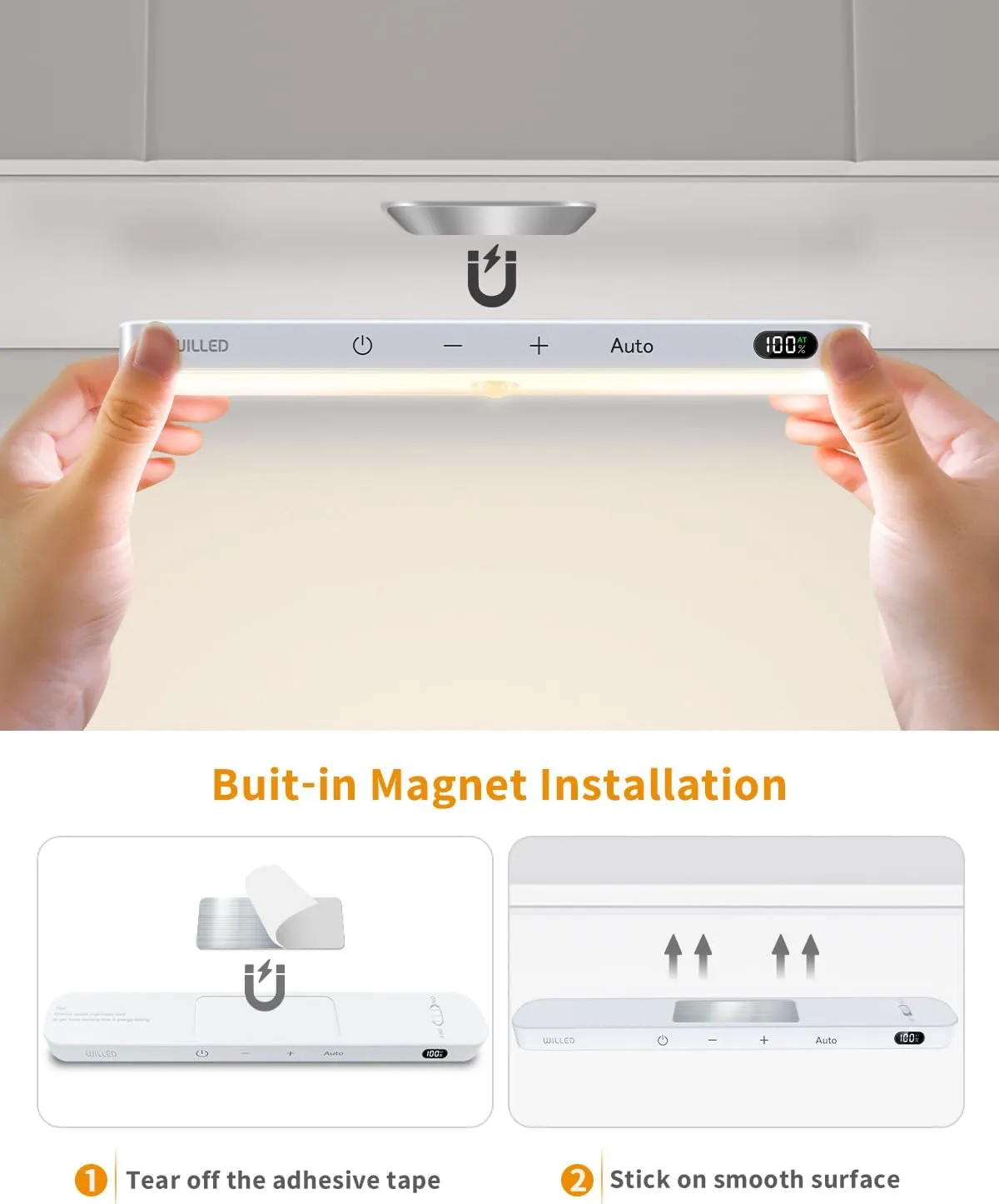 WILLED 3000K Closet Lights Motion Sensored, Battery Display, 60 LED Touch Light Bar, Motion Sensor Light Indoor, Under Cabinet Lights Rechargeable, Stick on Light for Closet, Kitchen, Hallway, 4 Pack