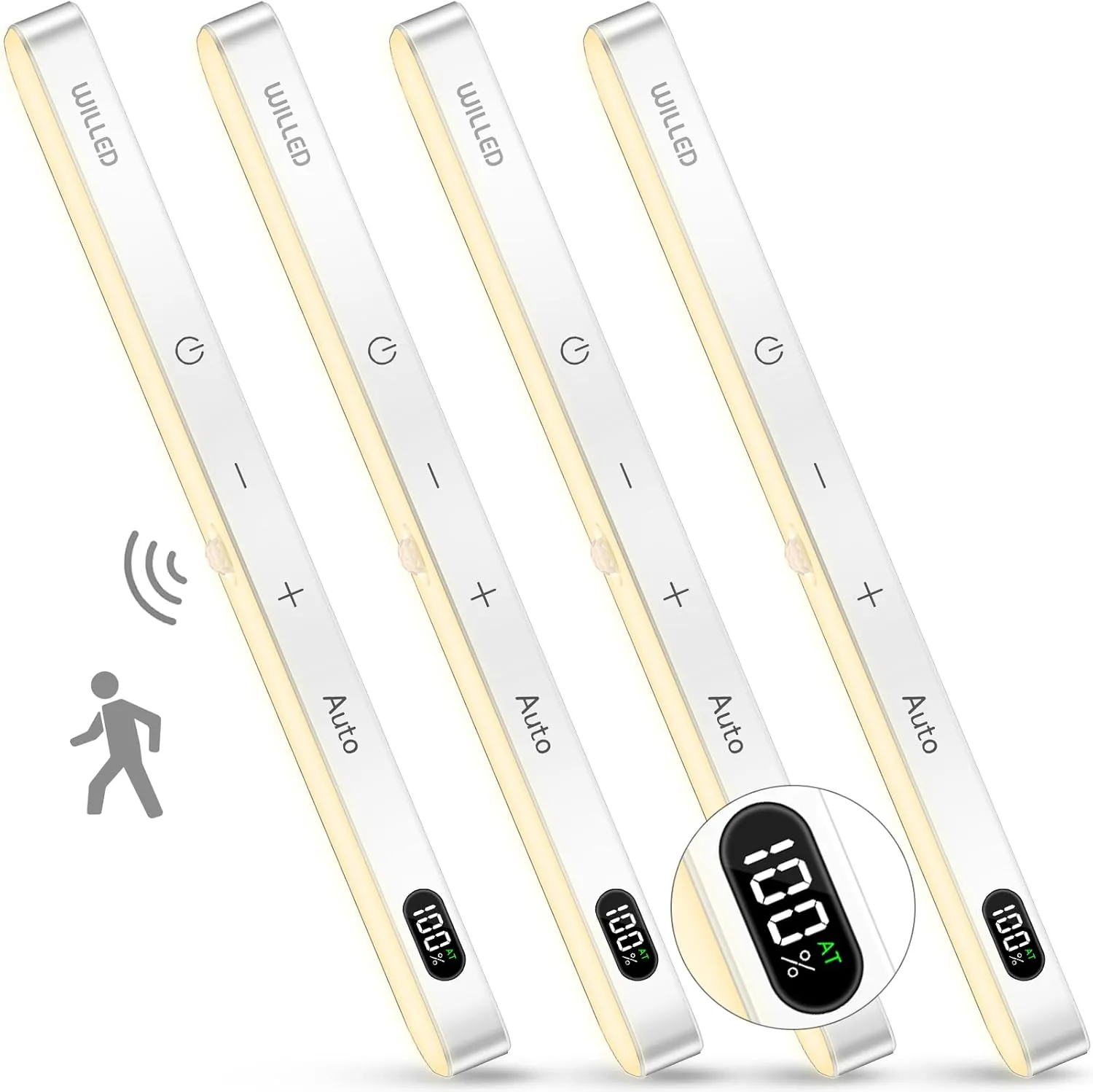 WILLED 3000K Closet Lights Motion Sensored, Battery Display, 60 LED Touch Light Bar, Motion Sensor Light Indoor, Under Cabinet Lights Rechargeable, Stick on Light for Closet, Kitchen, Hallway, 4 Pack