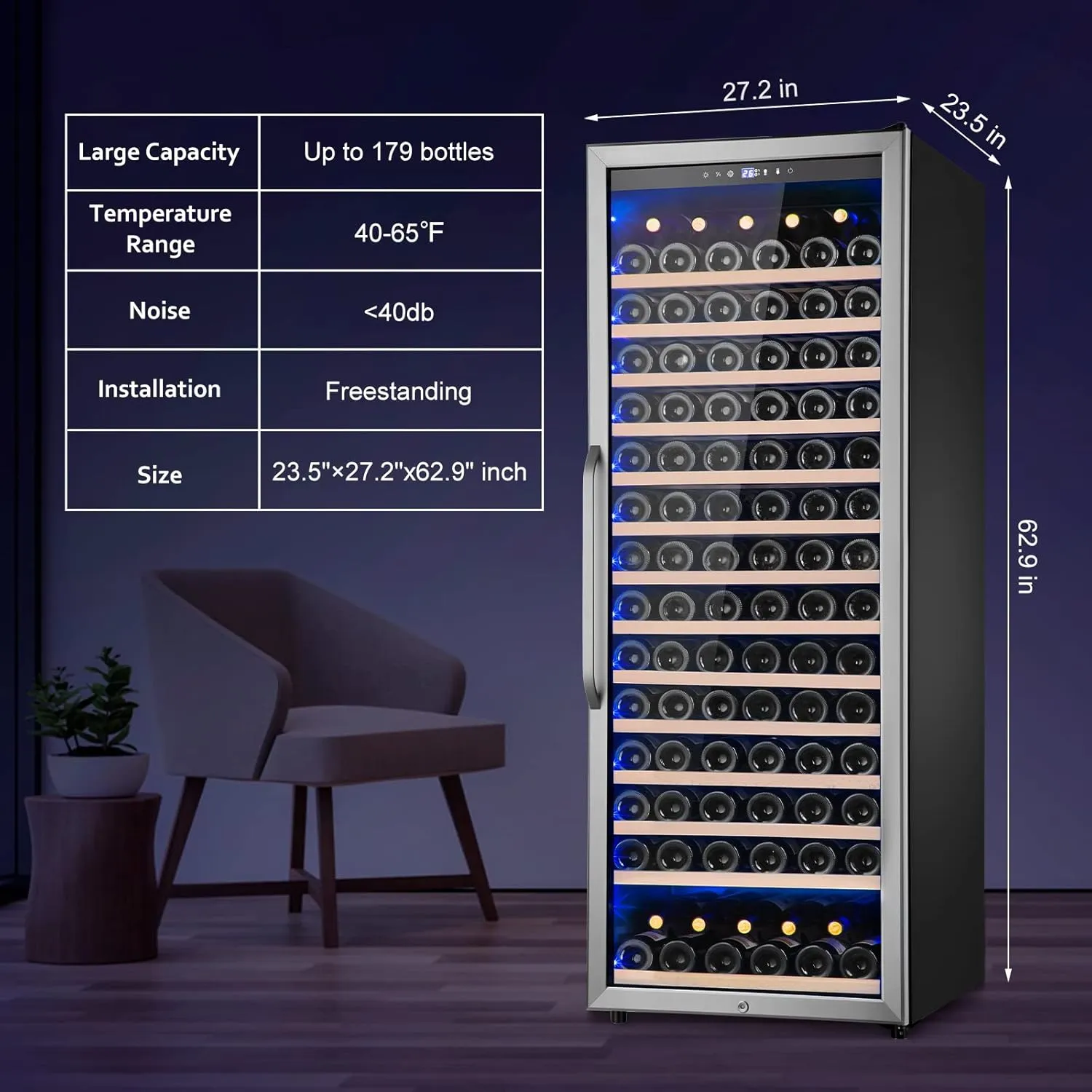 Wine Cooler Refrigerator, 179 Bottles Professional Wine Fridge with Powerful Compressor,Quiet Operation and Elegant Design for Wine Lovers