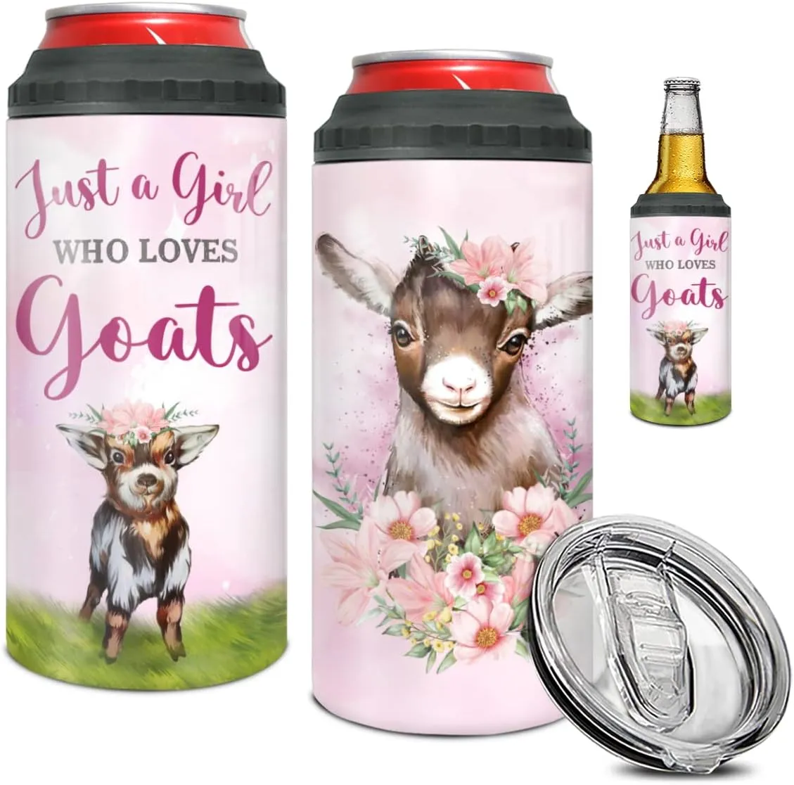 winorax Just A Girl Who Loves Goats Can Cooler 4-in-1 Stainless Steel Insulated Coffee Travel Cup with Lid 16oz Goat Gift For Women Girls Birthday Christmas Mother's Day Gifts Presents Stuff