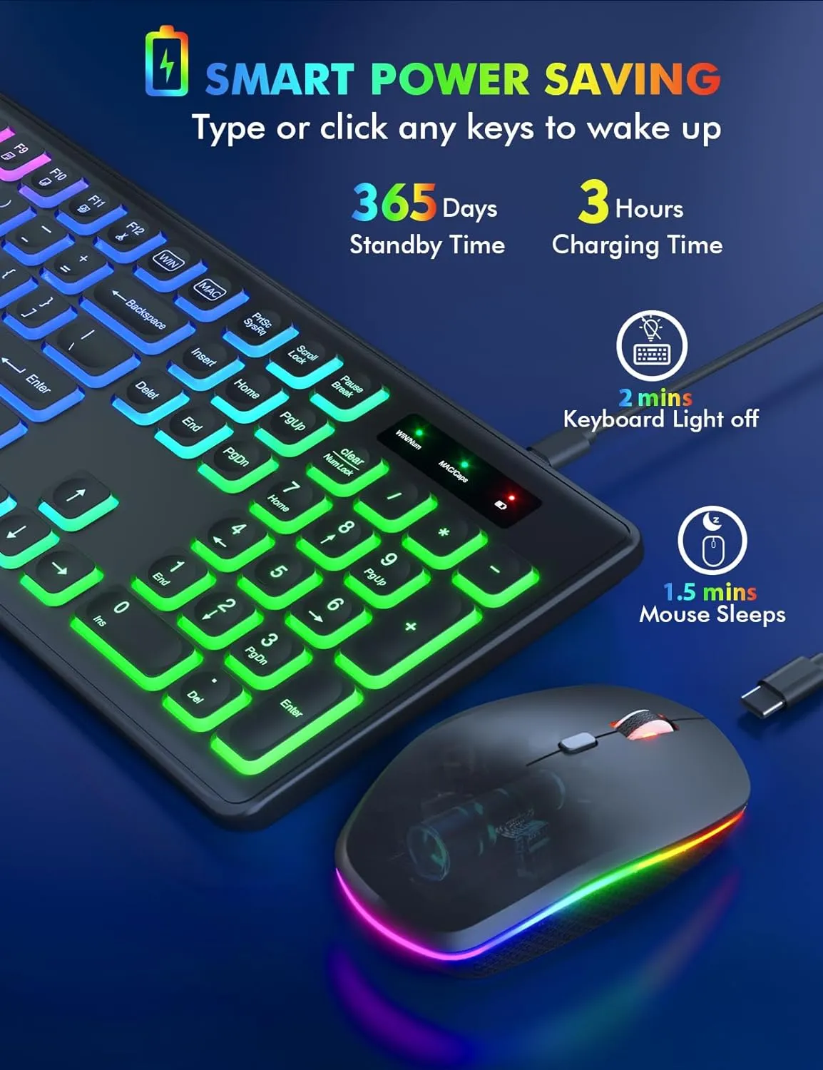 Wireless Keyboard and Mouse Combo - RGB Backlit, Rechargeable & Light Up Letters, Full-Size, Ergonomic Tilt Angle, Sleep Mode, 2.4GHz Quiet Keyboard Mouse for Mac, Windows, Laptop, PC