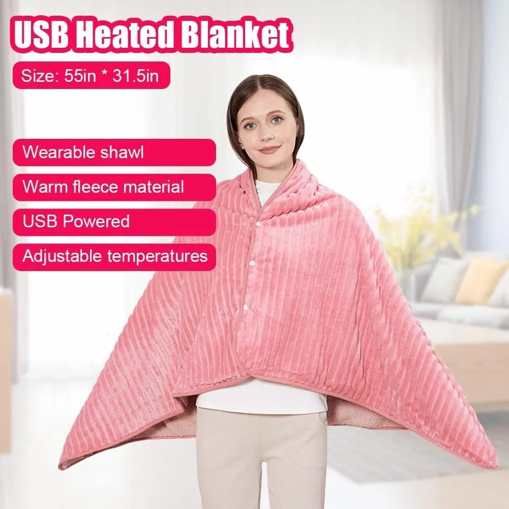 WOOLALA USB Plaid Heated Shawl Blanket, Wearable Fleece Electric Heating Blanket with Snap Closure 3 Temperature Settings for Home Office Outdoor, Machine Washable (55 * 31.5in)