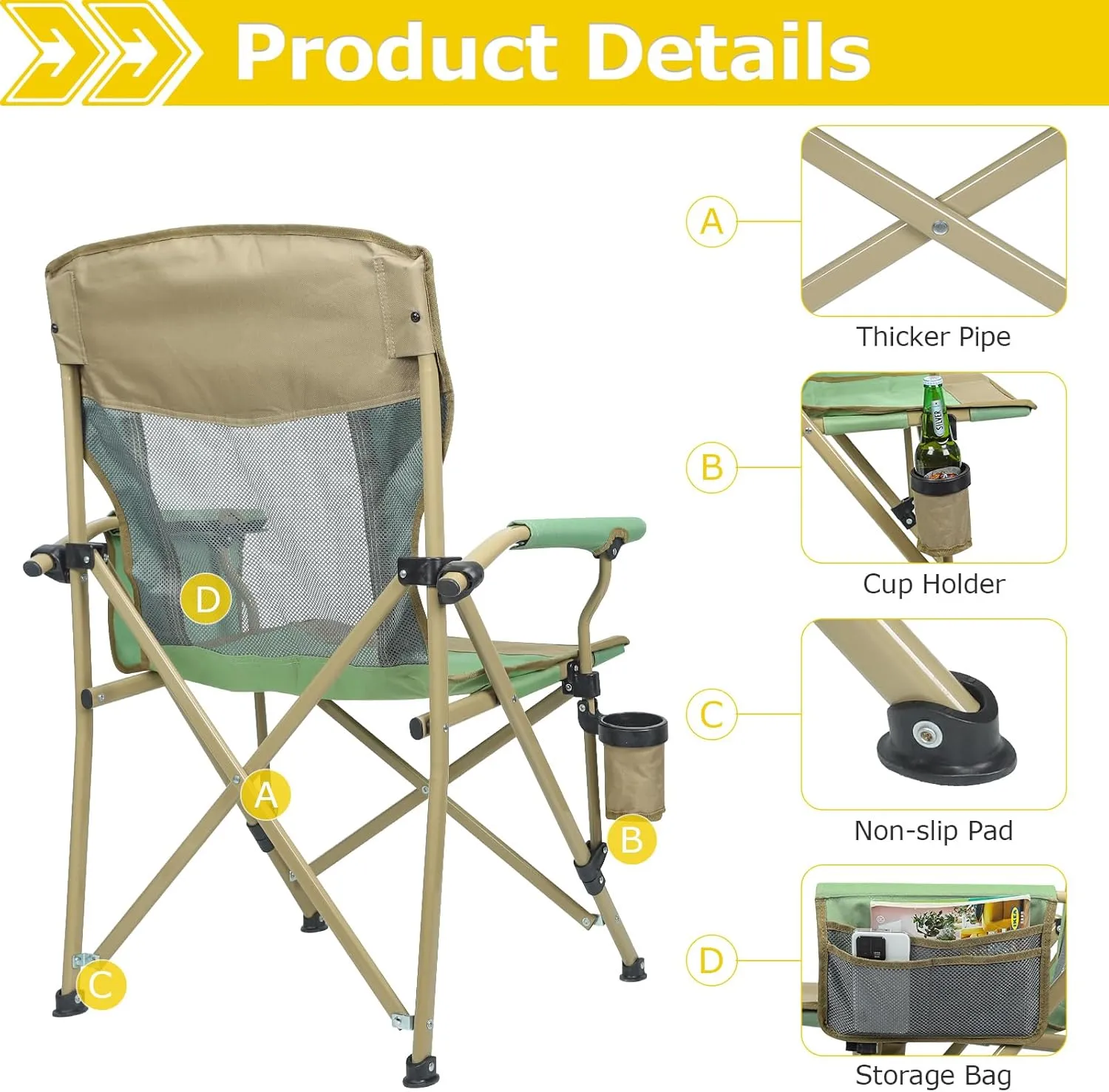 XGEAR 2-Pack Camping Chairs for Adults Support 350LBS Sturdy Mesh Back Camp Chair with Metal Armrests, Cup Holder, Storage Pockets(Green/Khaki)