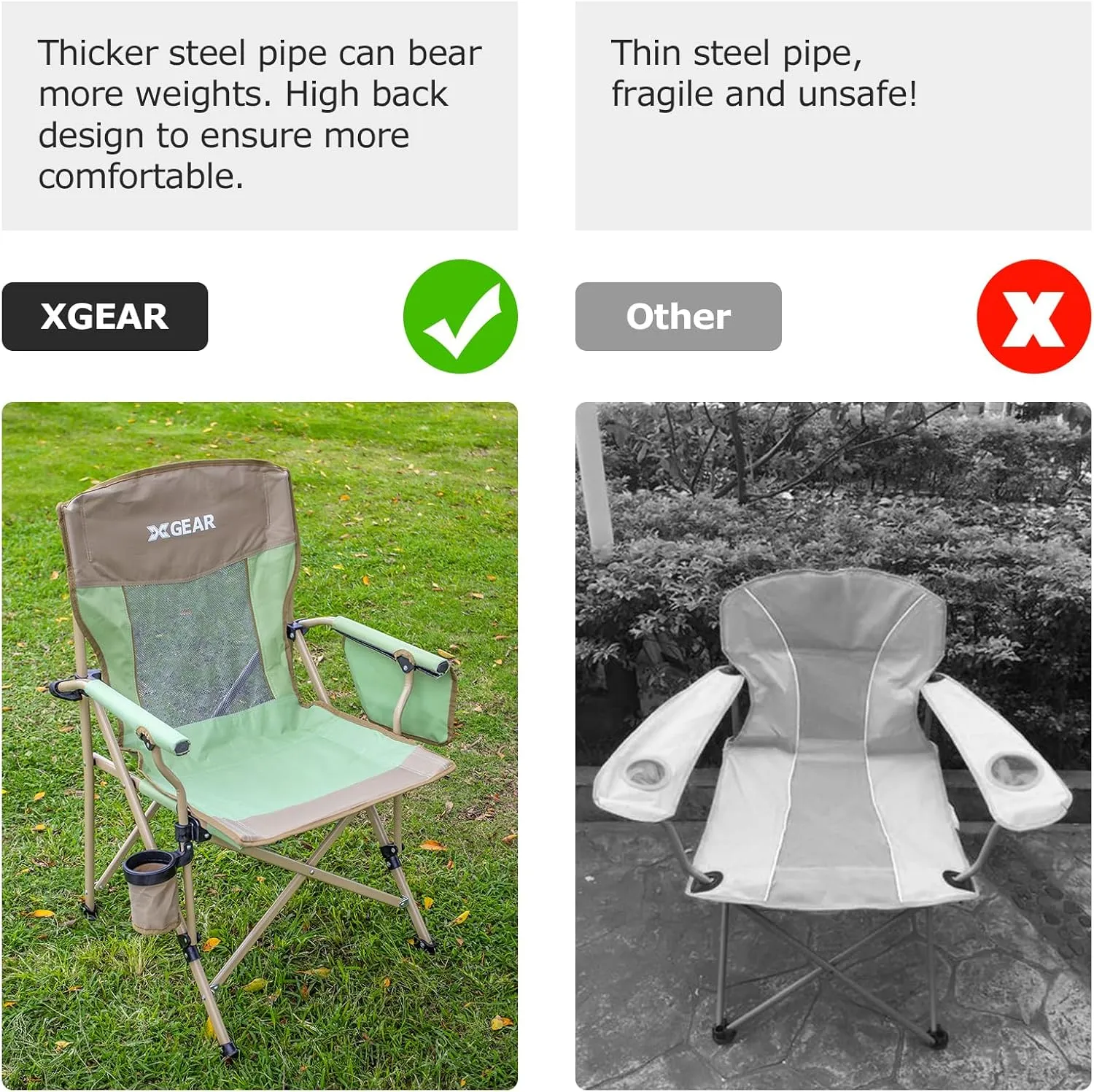 XGEAR 2-Pack Camping Chairs for Adults Support 350LBS Sturdy Mesh Back Camp Chair with Metal Armrests, Cup Holder, Storage Pockets(Green/Khaki)