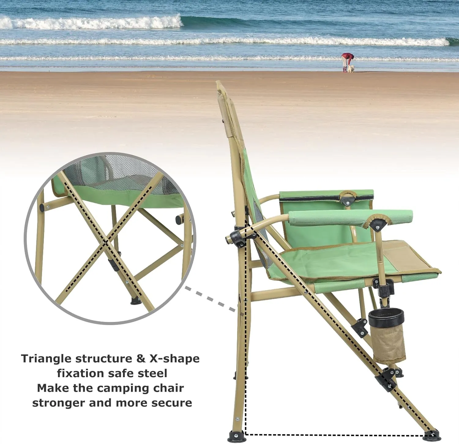 XGEAR 2-Pack Camping Chairs for Adults Support 350LBS Sturdy Mesh Back Camp Chair with Metal Armrests, Cup Holder, Storage Pockets(Green/Khaki)