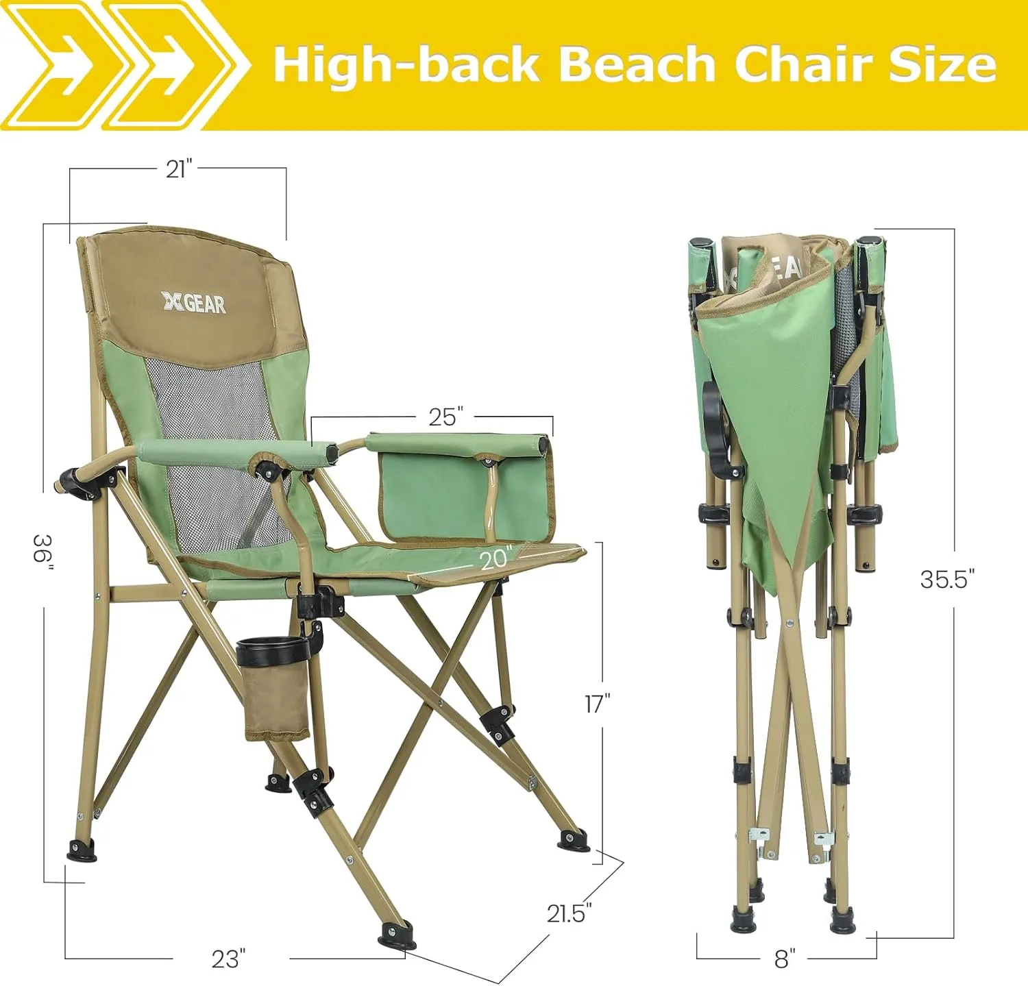 XGEAR 2-Pack Camping Chairs for Adults Support 350LBS Sturdy Mesh Back Camp Chair with Metal Armrests, Cup Holder, Storage Pockets(Green/Khaki)