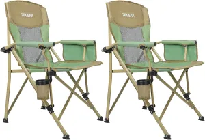 XGEAR 2-Pack Camping Chairs for Adults Support 350LBS Sturdy Mesh Back Camp Chair with Metal Armrests, Cup Holder, Storage Pockets(Green/Khaki)