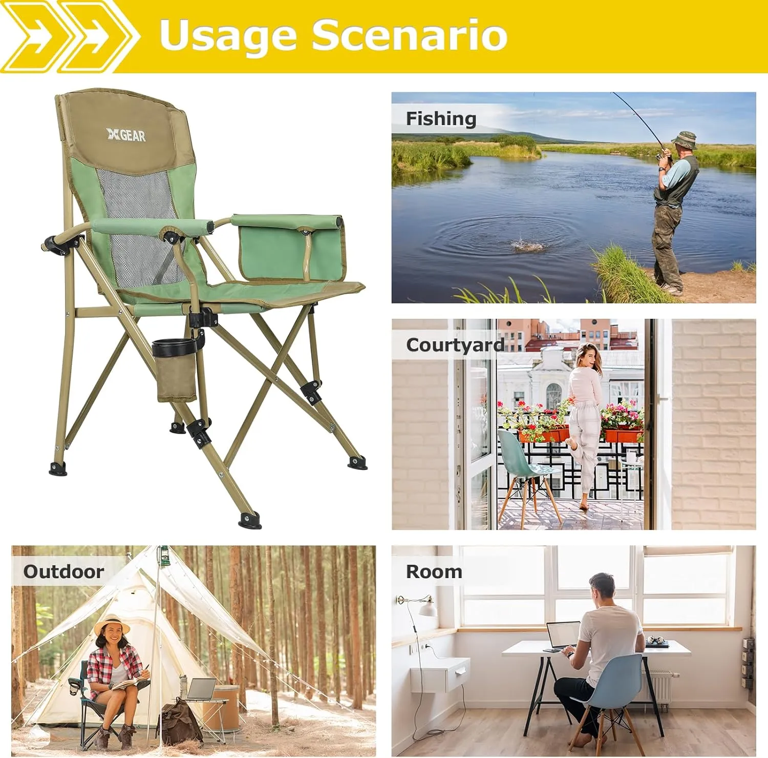 XGEAR 2-Pack Camping Chairs for Adults Support 350LBS Sturdy Mesh Back Camp Chair with Metal Armrests, Cup Holder, Storage Pockets(Green/Khaki)