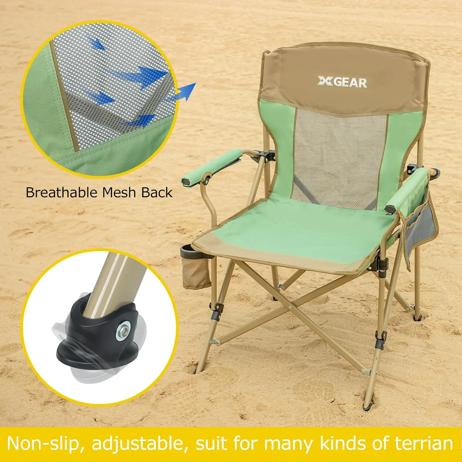 XGEAR 2-Pack Camping Chairs for Adults Support 350LBS Sturdy Mesh Back Camp Chair with Metal Armrests, Cup Holder, Storage Pockets(Green/Khaki)