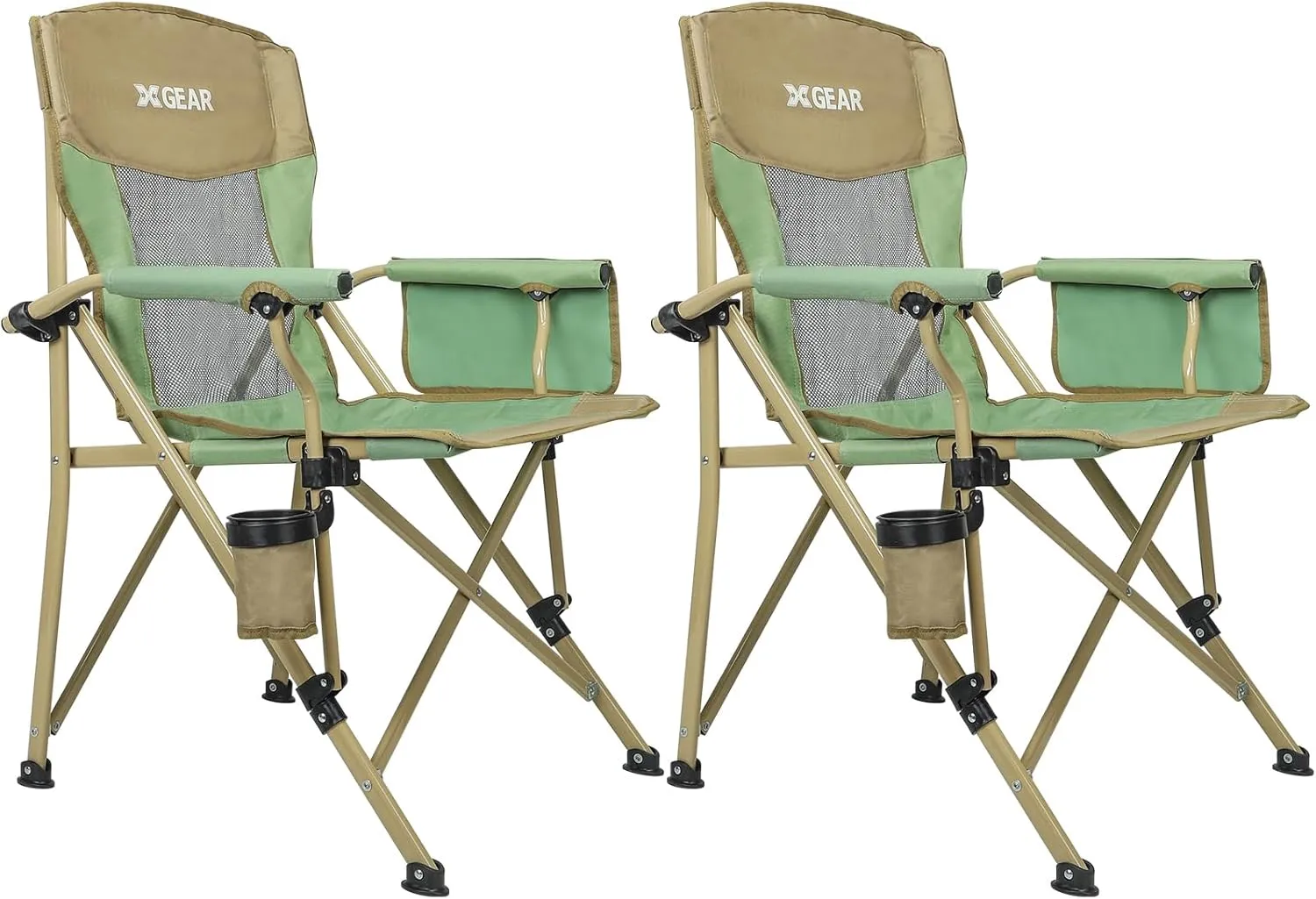 XGEAR 2-Pack Camping Chairs for Adults Support 350LBS Sturdy Mesh Back Camp Chair with Metal Armrests, Cup Holder, Storage Pockets(Green/Khaki)