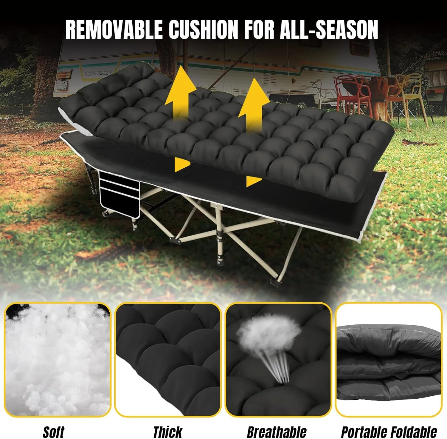 YELLOW JACKET Folding Camping Cot for Adults,600LBS Max Load,28" Wide Sleeping Cot with Removable Thick Mattress Portable Foldable Camping Bed with Carry Bag for Camp,Home,Office,Travel,Black