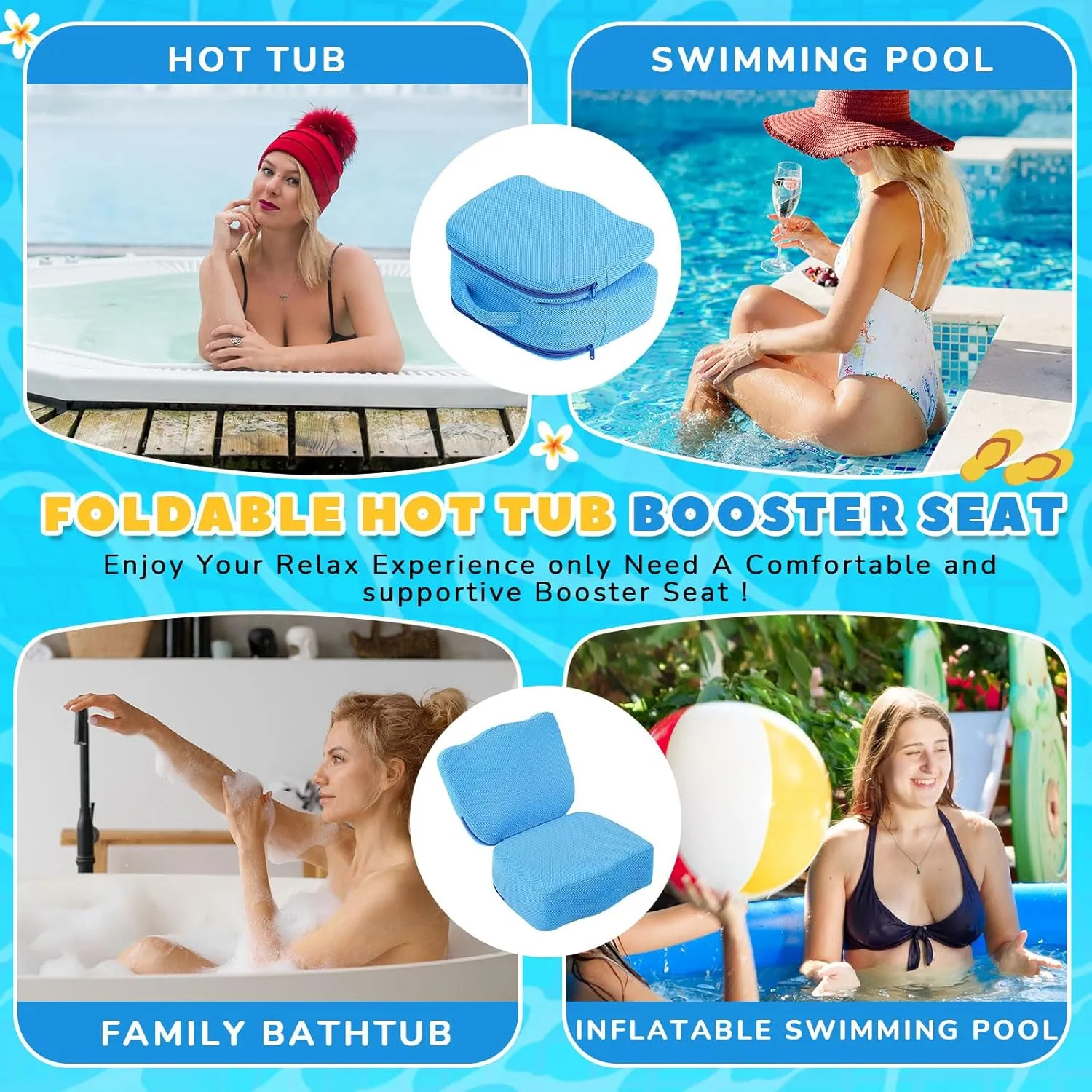 Yerliker 2 Pcs Foldable Hot Tub Booster Seat, Inflatable Adjustable 2 Heights Extra Thick Hot Tub Pillow Bath Seat with Back Support Cushions for Adults Swimming Pool Spa Bathtub Indoor Outdoor (Blue)