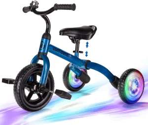 YGJT 3 in 1 Lighting Tricycle for Toddlers Age 2-5 Years Old, Folding Kids Balance Bike with Adjustable Seat and Removable Pedal, Toddler Bike Ride-on Toys for Infant, Gifts for Baby Boys Girls(Blue)