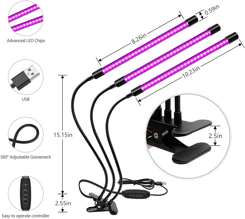 YGS-Tech LED Black Light 3-Head, 30W UV Light Fixture with Clamp, 395-405nm UV Gooseneck Lamp USB Powered for Blacklight Party, Stage Lighting, Resin Cure, 3D Print