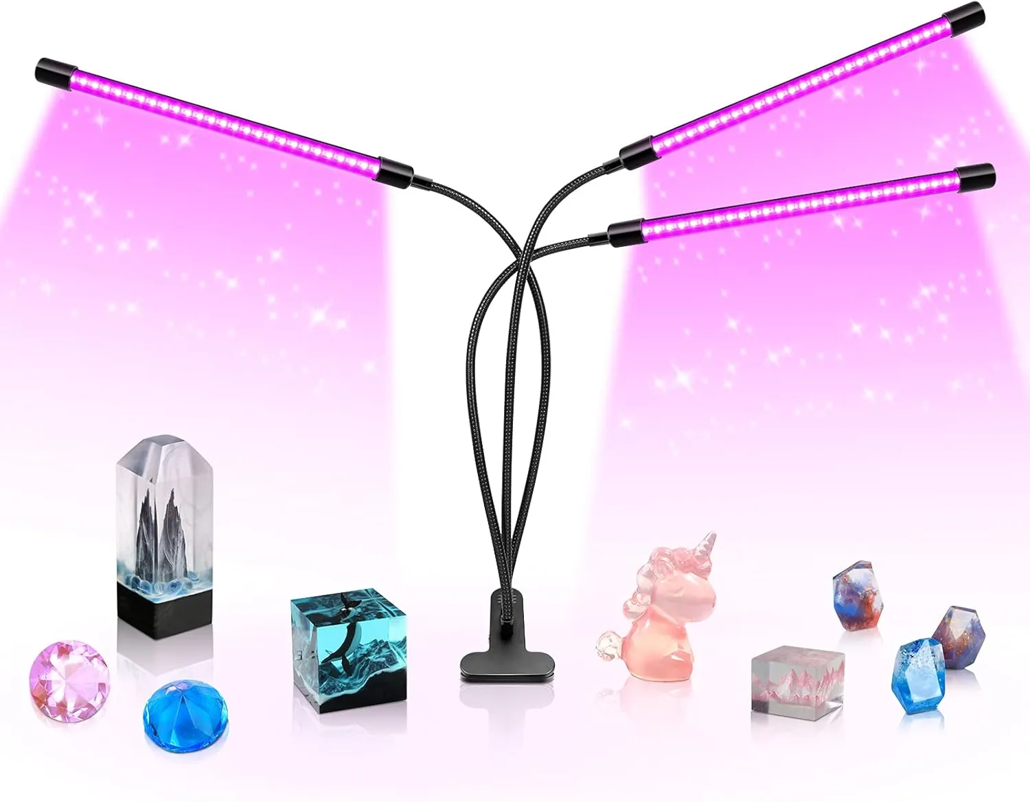 YGS-Tech LED Black Light 3-Head, 30W UV Light Fixture with Clamp, 395-405nm UV Gooseneck Lamp USB Powered for Blacklight Party, Stage Lighting, Resin Cure, 3D Print