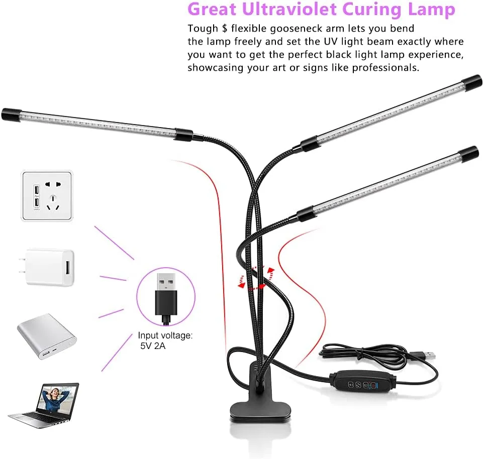 YGS-Tech LED Black Light 3-Head, 30W UV Light Fixture with Clamp, 395-405nm UV Gooseneck Lamp USB Powered for Blacklight Party, Stage Lighting, Resin Cure, 3D Print