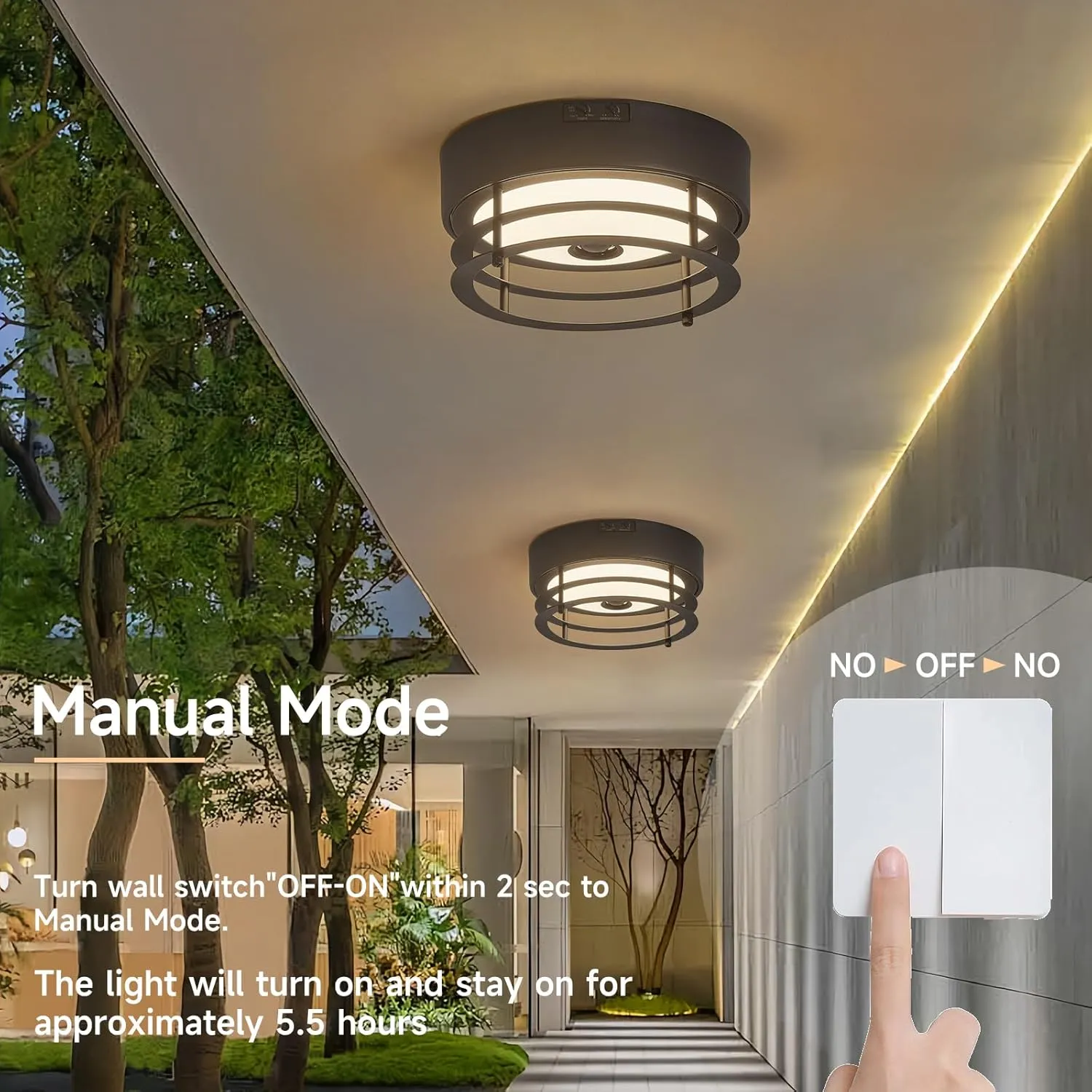 Yisuro Outdoor Ceiling Light with Motion Sensor Flush Mount Farm House Porch Light Ceiling Mount LED Light Fixture - Adjustable 3 Modes Sensor for Patio,Garage (Black)