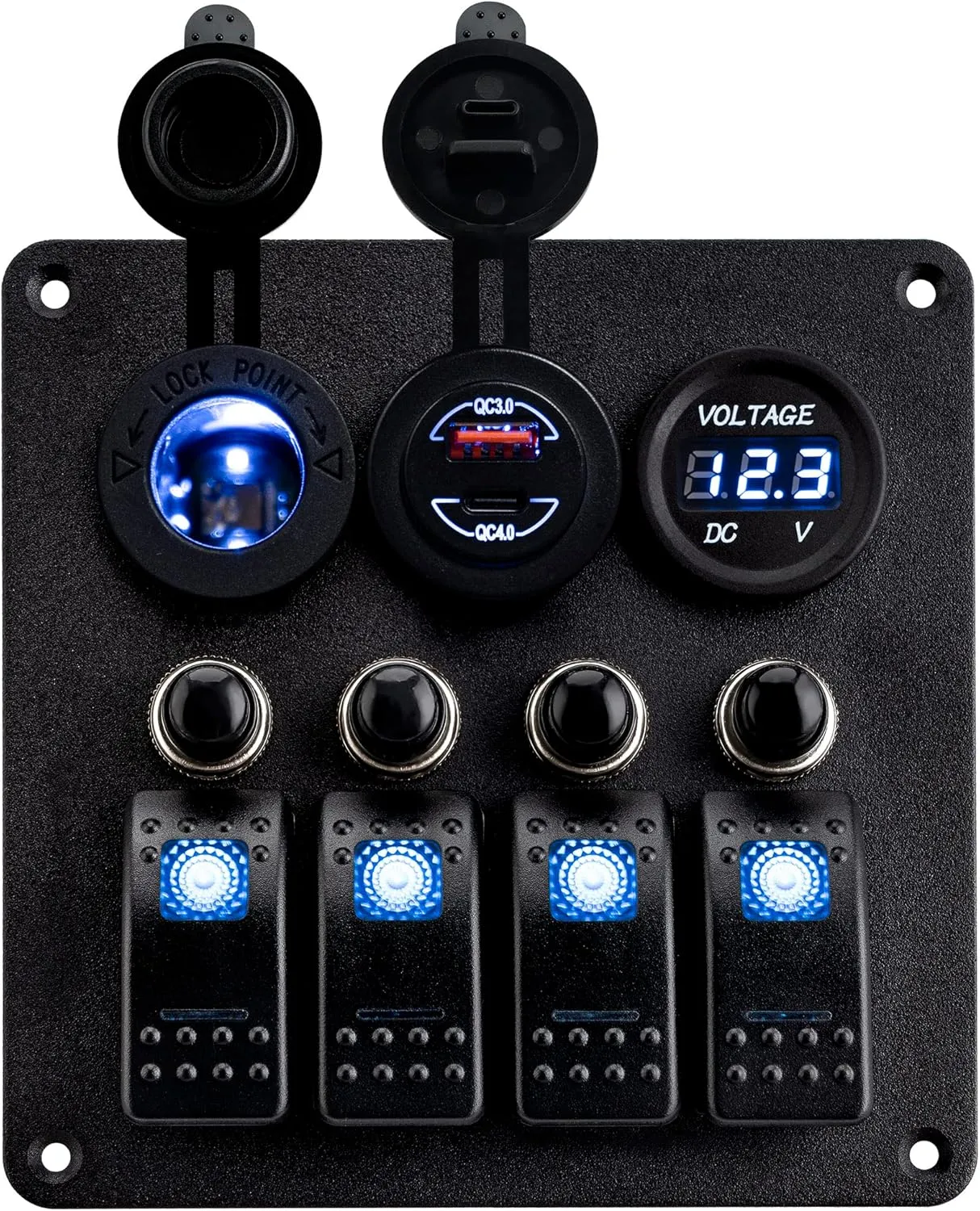 Young Marine Waterproof Marine Boat Rocker Switch Aluminum Panel 4 Gang with USB Slot Socket QC 3.0 and Type C QC 4.0   Volt Meter Blue LED Light for Car Rv Vehicles Truck