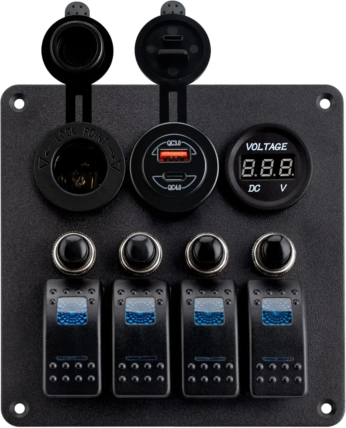 Young Marine Waterproof Marine Boat Rocker Switch Aluminum Panel 4 Gang with USB Slot Socket QC 3.0 and Type C QC 4.0   Volt Meter Blue LED Light for Car Rv Vehicles Truck