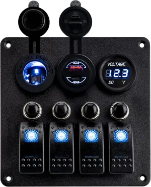 Young Marine Waterproof Marine Boat Rocker Switch Aluminum Panel 4 Gang with USB Slot Socket QC 3.0 and Type C QC 4.0   Volt Meter Blue LED Light for Car Rv Vehicles Truck