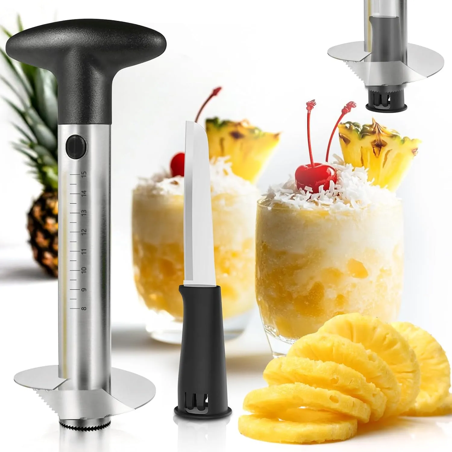YYP Pineapple Corer and Slicer with Measurement Marks – Stainless Steel Pineapple Cutter for Perfect Pineapple Rings & Effortless Cutting (Black)