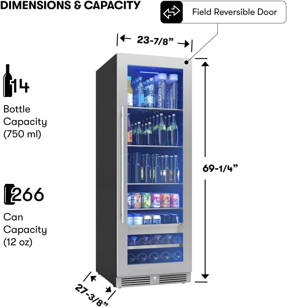 Zephyr 24 Inch Wine Fridge & Beverage Refrigerator Single Zone Full Size - Tall Wine Cooler Cellars Large Bar Drink Cabinet Freestanding with Glass Door - 266x12oz cans & 14x750 ml bottles