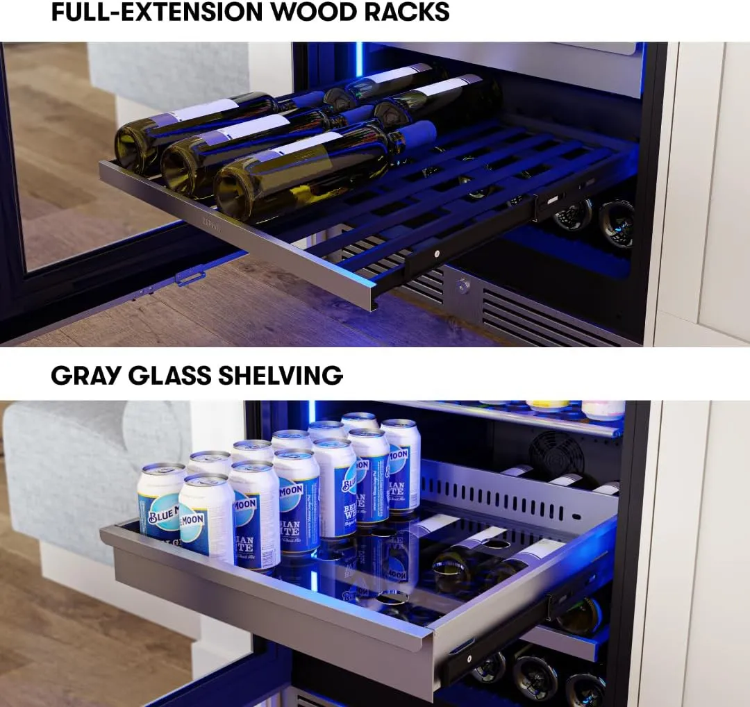Zephyr 24 Inch Wine Fridge & Beverage Refrigerator Single Zone Full Size - Tall Wine Cooler Cellars Large Bar Drink Cabinet Freestanding with Glass Door - 266x12oz cans & 14x750 ml bottles