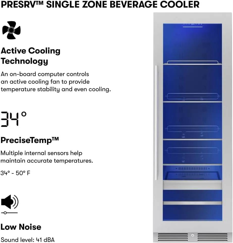 Zephyr 24 Inch Wine Fridge & Beverage Refrigerator Single Zone Full Size - Tall Wine Cooler Cellars Large Bar Drink Cabinet Freestanding with Glass Door - 266x12oz cans & 14x750 ml bottles