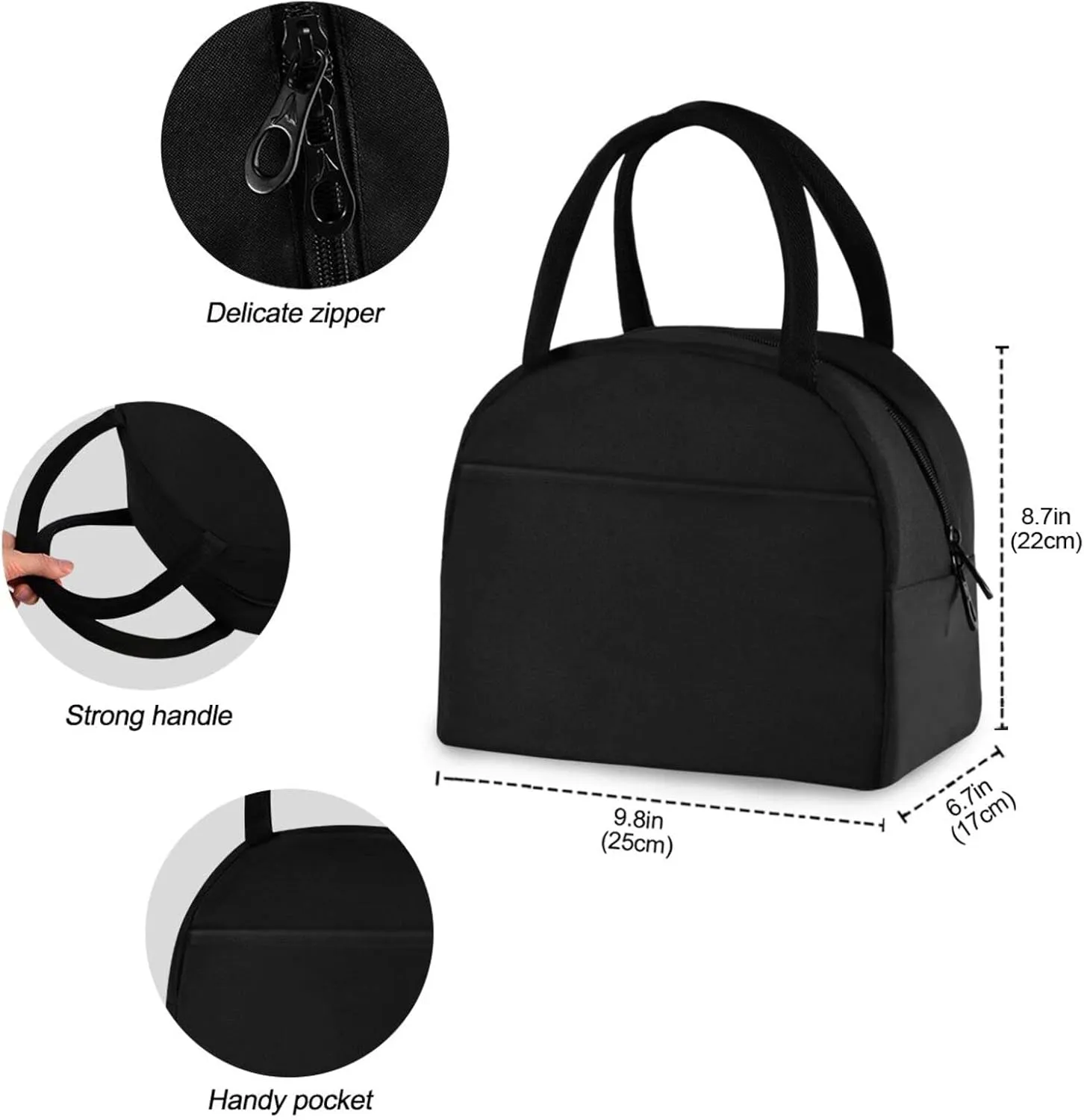 ZZKKO Black Lunch Bag Box Tote Organizer Lunch Container Insulated Zipper Meal Prep Cooler Handbag For Women Men Home School Office Outdoor Use