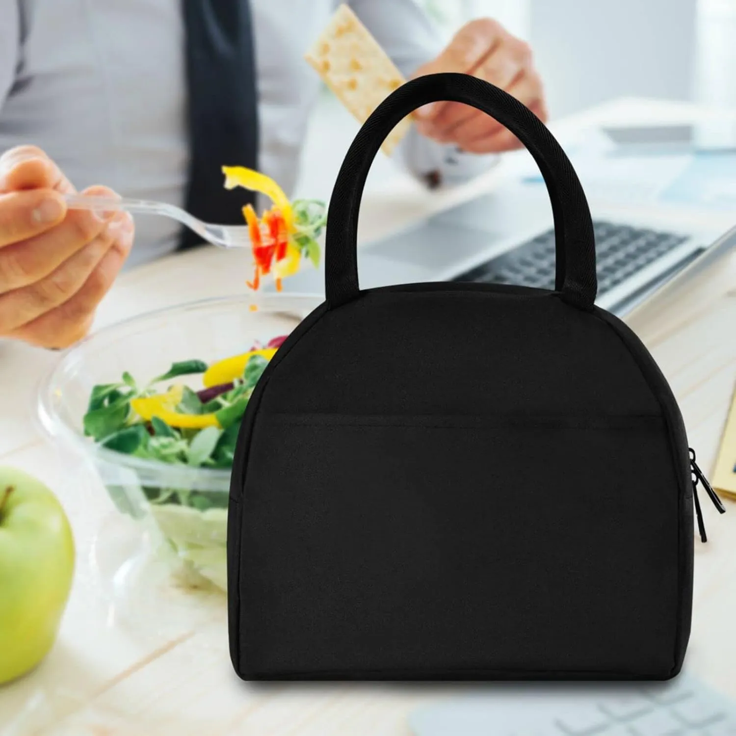 ZZKKO Black Lunch Bag Box Tote Organizer Lunch Container Insulated Zipper Meal Prep Cooler Handbag For Women Men Home School Office Outdoor Use